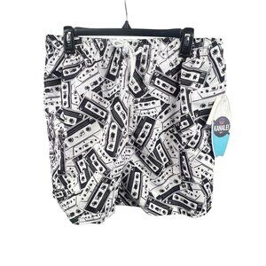 Kanalei Bay NWT Cassette Print Mens Swim Shorts L Black White Lined Beach Summer